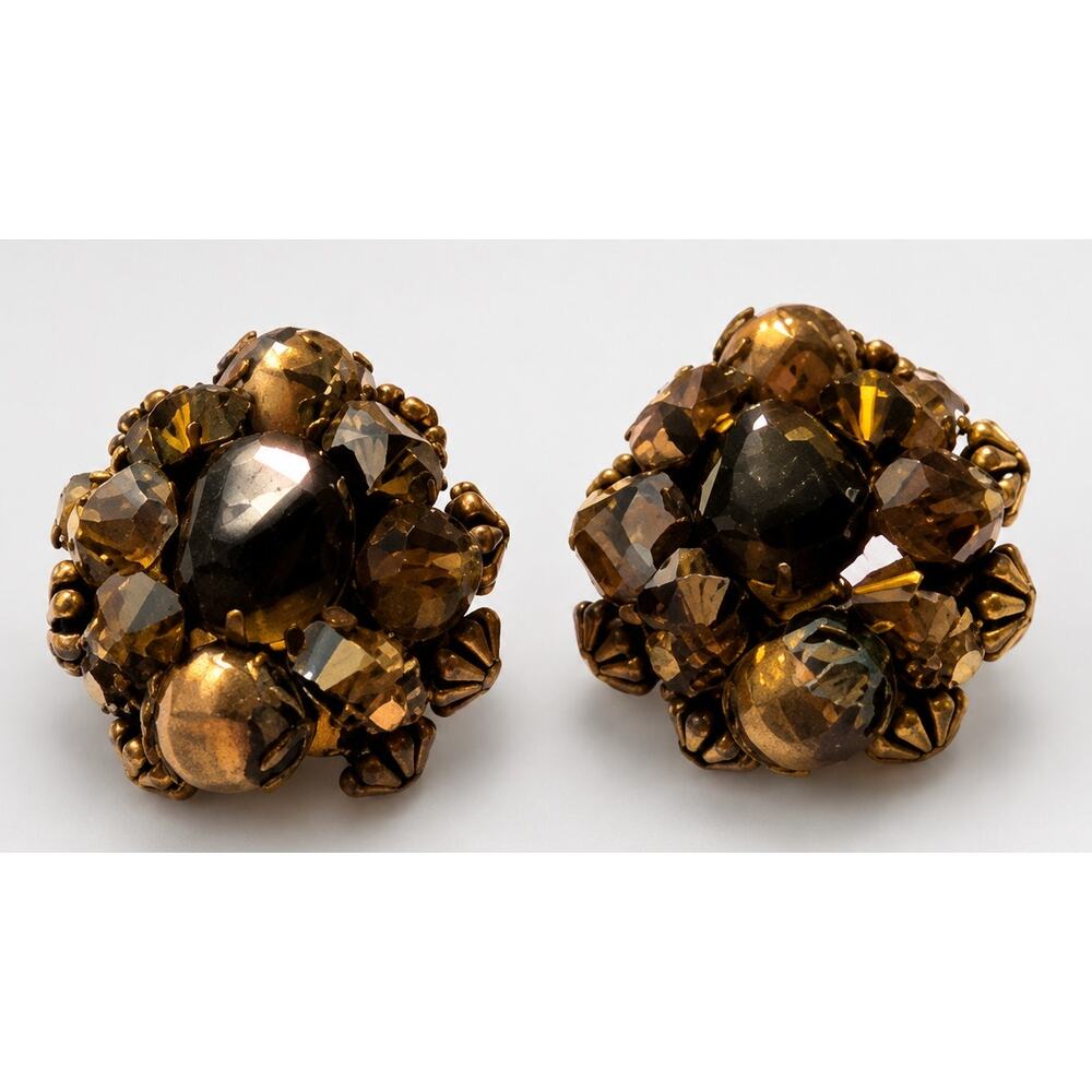 Vintage Brown Glass Cluster Clip-on Earrings Mid-century Round bc-59‎